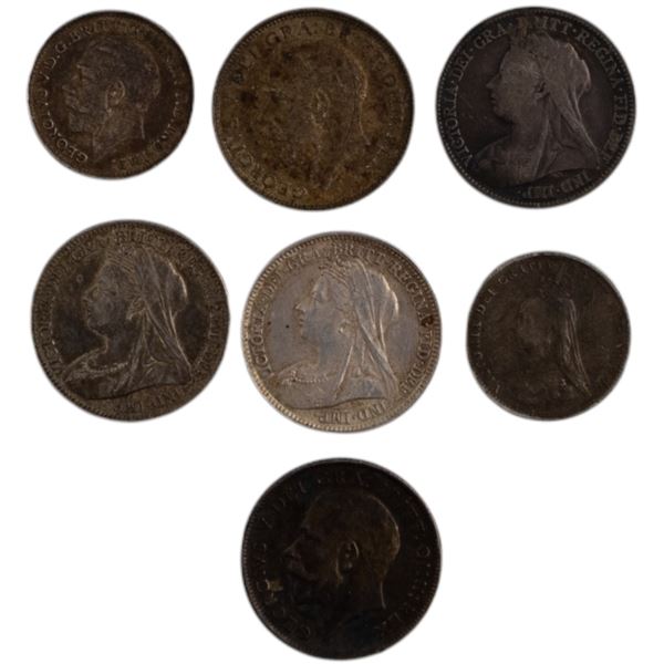 Great Britain 1887-1923 Silver 3 & 6 Pence Coins (7 Pieces)
