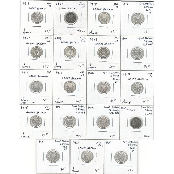 Great Britain 1887-1943 Silver 3 Pence (19 Pieces)