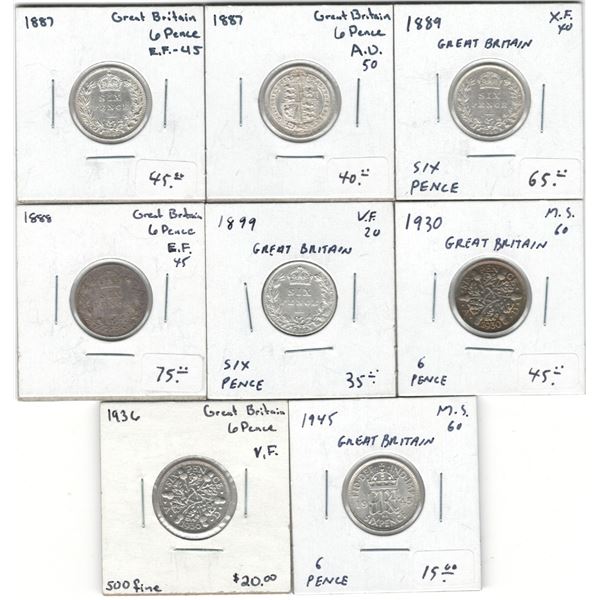 Great Britain 1887-1945 Silver 6 Pence (8 Pieces)