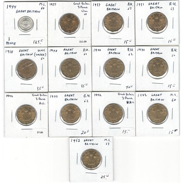 Great Britain 1937-1944 3 Pence (13 Pieces)