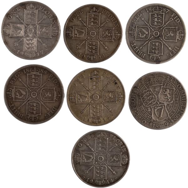 Great Britain Silver Florin Lot (7 Pieces)