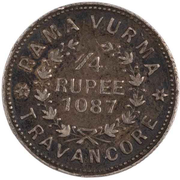 India 1911 (1087) Travancore Silver 1/4 Rupee