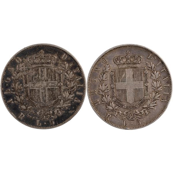 Italy 1876 and 1878 R Silver 5 Lire (2 Pieces)