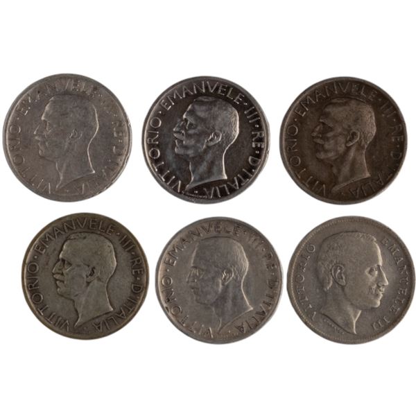Italy 1907-30 Silver 5 Lira Coin Lot (6 Pieces)