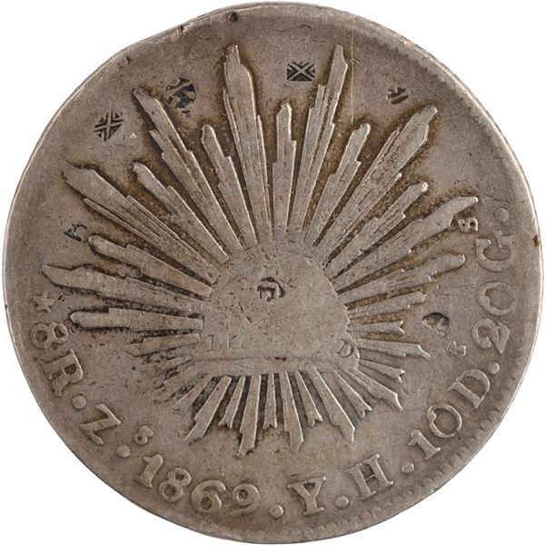 Mexico 1869 Zs YH Silver 8 Reales Chopmarks