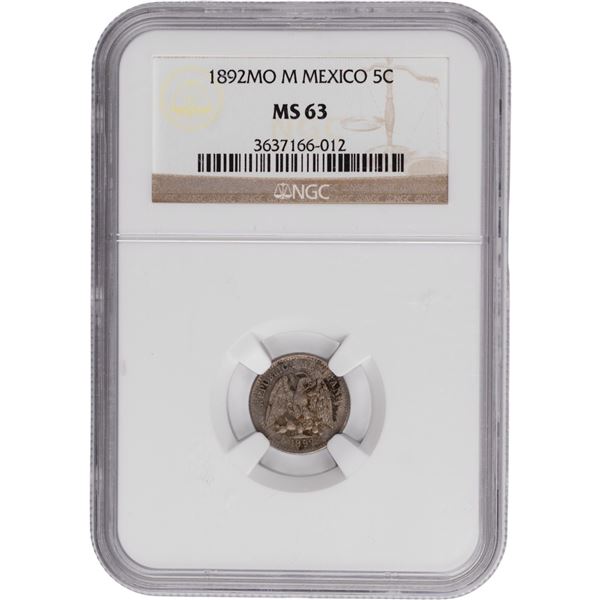 Mexico 1892 Mo M Silver 5 Centavos