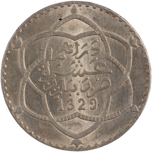 Morocco 1911 AH1329 Silver 10 Dirhams