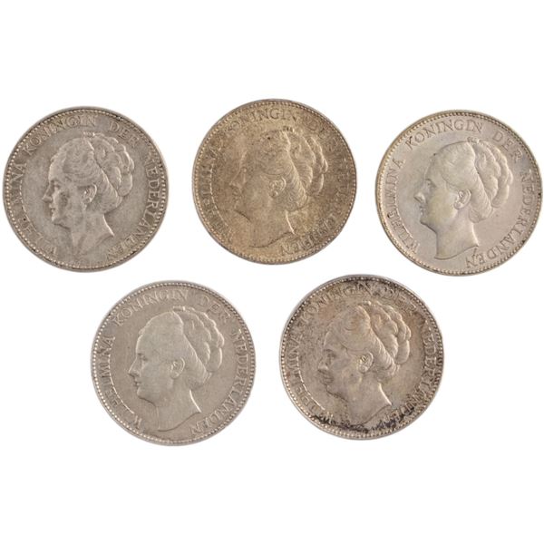 Netherlands 1922-1940 Silver 1 Gulden Lot (5 Pieces)
