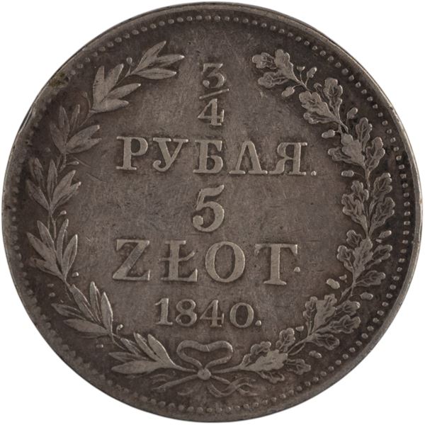 Poland 1840 MW Silver 5 Złotych 3/4 Rouble