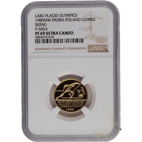 Poland 1980 MW Gold 2000 Złotych Próba Skiing Winter Olympics