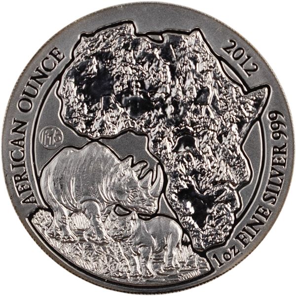 Rwanda 2012 50 Francs Rhinoceros 1 oz Silver Coin with F15 Privy