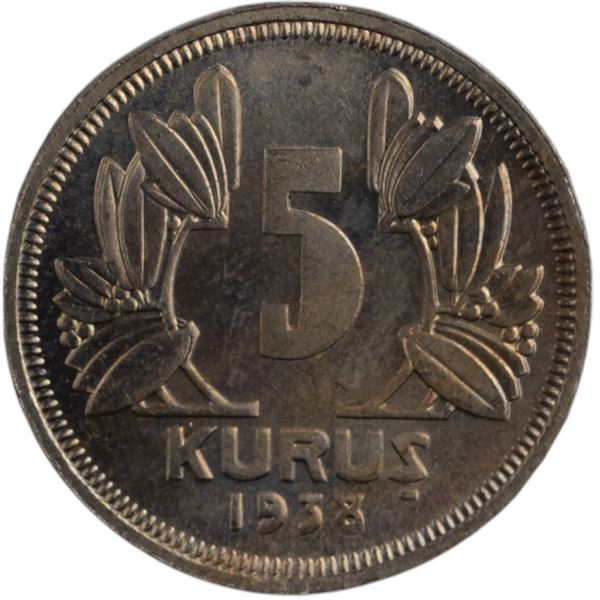 Turkey 1938 5 Kurush Mirror like Field