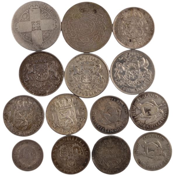 World Mixed Lots 1845-1965 Latvia, New Zealand...Silver Coins (14 Pieces)