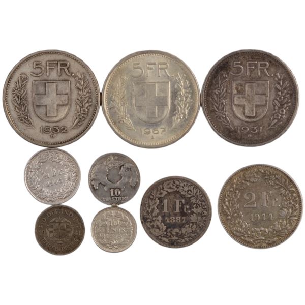World Mixed Lots 1887-1967 Switzerland, Lebanon... Silver Coins (9 Pieces)