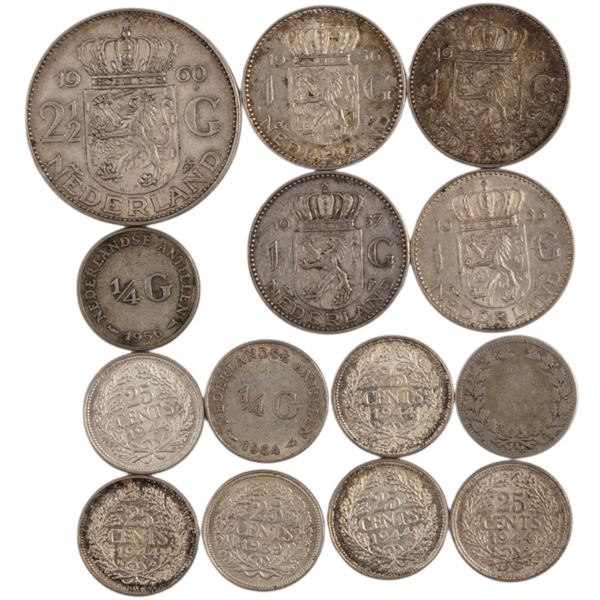 World Mixed Lots 1904-60 Netherlands Silver Coins (14 Pieces)