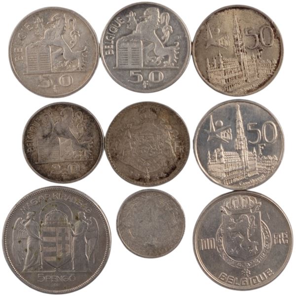 World Mixed Lots 1914-58 Belgium, Hungary Silver Coins (9 Pieces)