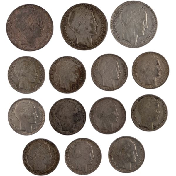 World Mixed Lots France 1929-38 10 & 20 Franc Silver Coin Lot (14 Pieces)