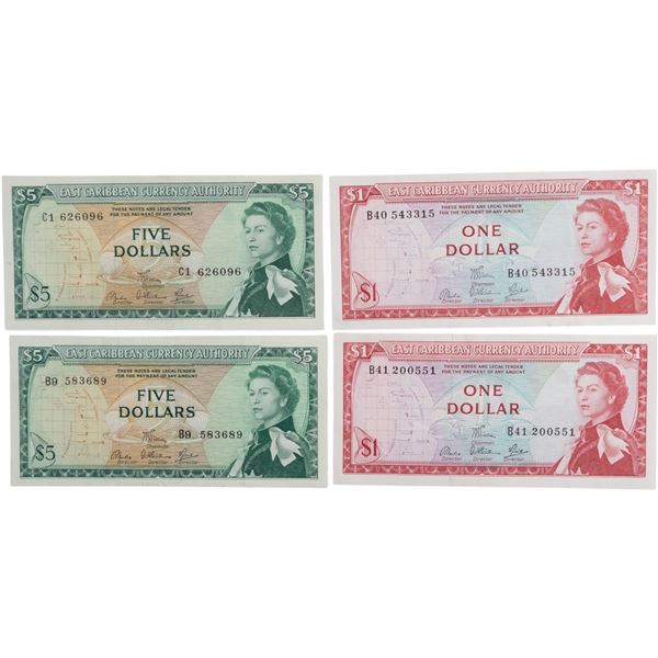 East Caribbean States 1965-88 1 & 5 Dollars Banknote (4 Pieces)