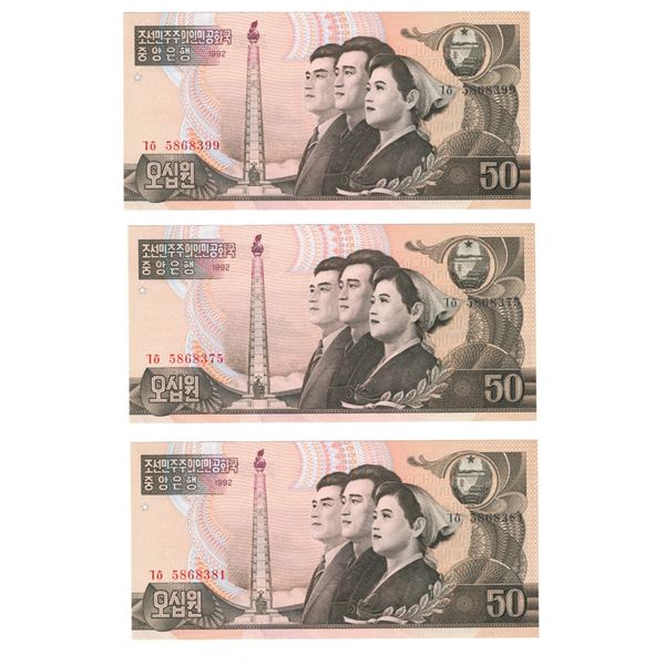 North Korea 1992 50 Won Lot (3 Pieces) Banknotes