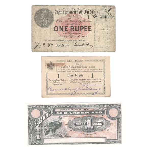 Mixed World German East Africa, British India, Ecuador 1916-20 Lot (3 Pieces) Banknotes
