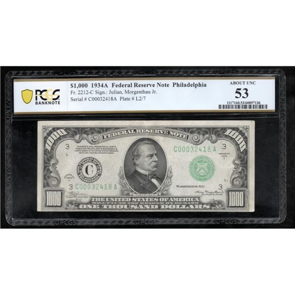 1934A $1000 Philadelphia FRN PCGS 53
