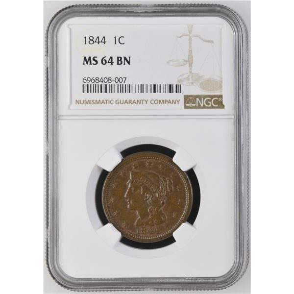 1844 Braided Hair Coronet Cent NGC MS64BN