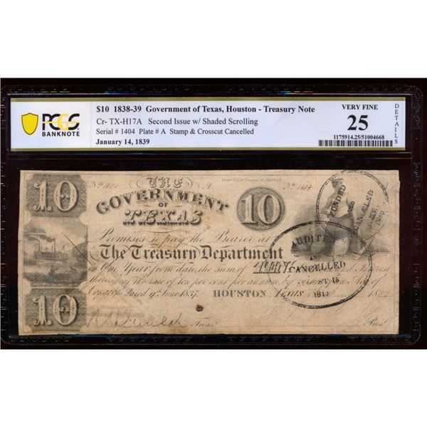 1838-39 $10 Government of TX Obsolete Treasury Note PCGS 25