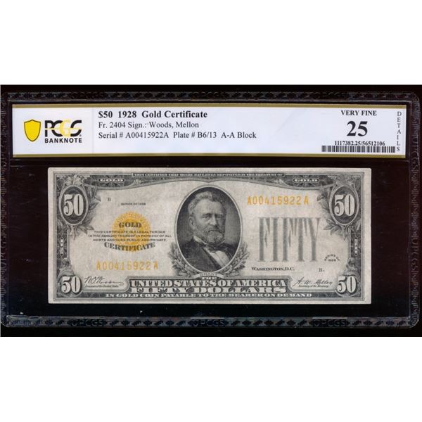 1928 $50 Gold Certificate PCGS 25
