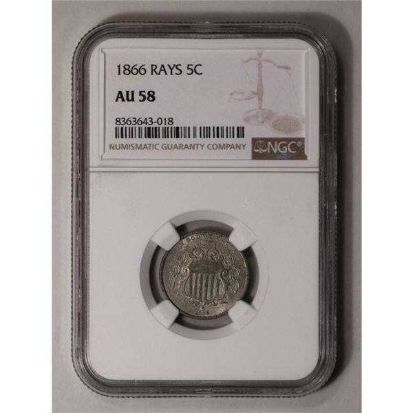 1866 Rays Shield 5C NGC AU58