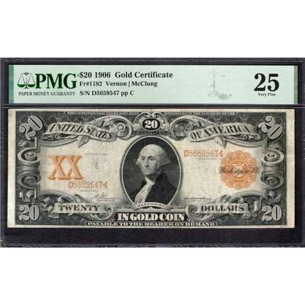 1906 $20 Gold Certificate PMG 25