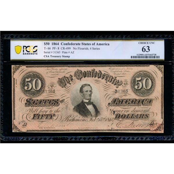 1864 $50 T-66 Confederate PCGS 63