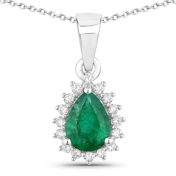 Plated Rhodium 0.65ct Emerald and Lab Diamond Pendant with Chain