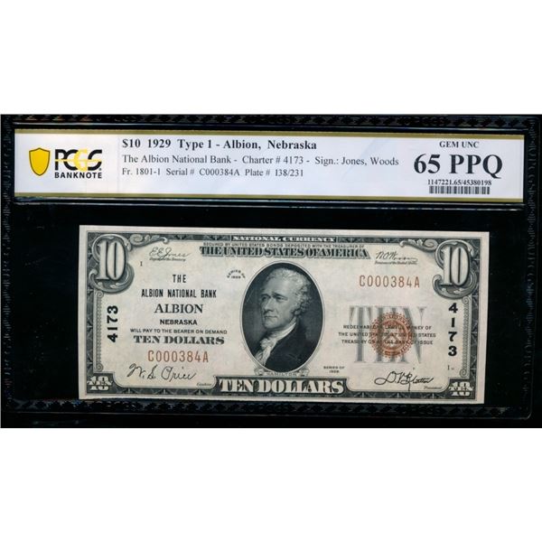 1929 $10 Albion NE National PCGS 65PPQ