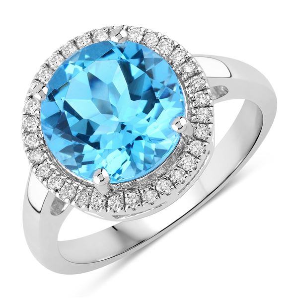 Plated Rhodium 4.00ct Swiss Blue Topaz and Lab Diamond Ring