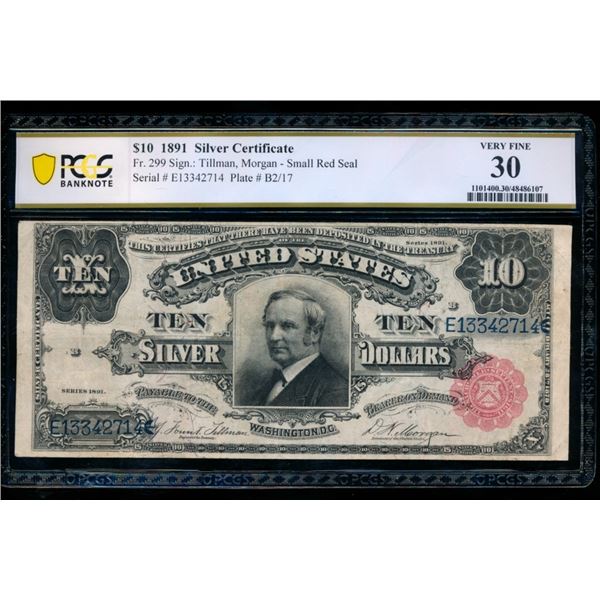 1891 $10 Tombstone Silver Certificate PCGS 30