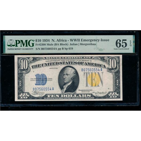 1934 $10 N Africa Silver Certificate PMG 65EPQ