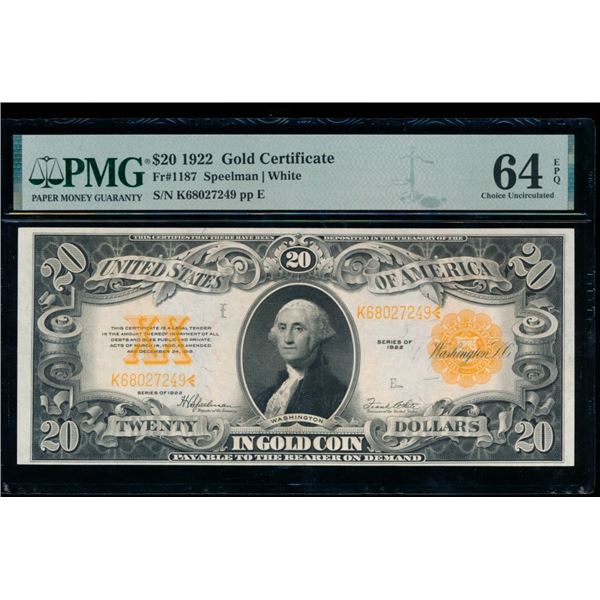 1922 $20 Gold Certificate PMG 64EPQ