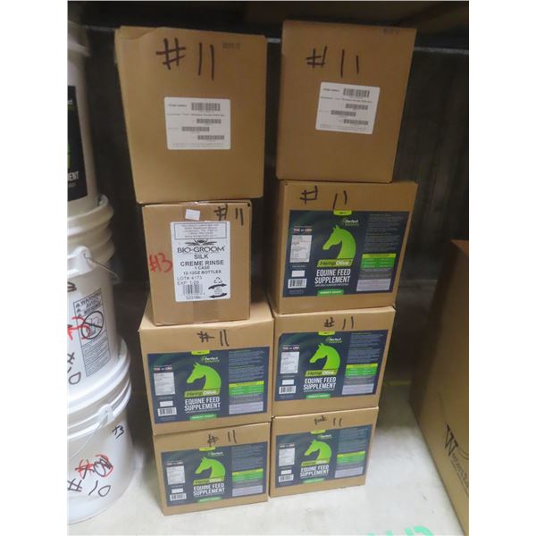 5 Cases Hemp Olive Equine Feed Supplement 946 ml, 12 Bottles 2-in-1 Shampoo, 12 Bio Groom Silk Cream