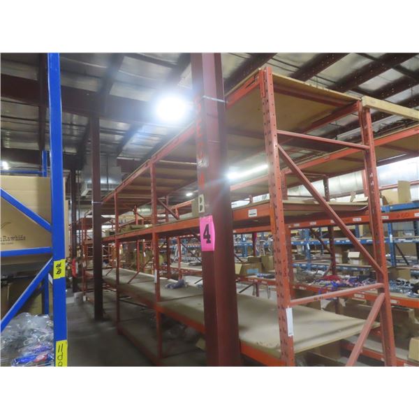 Pallet Racking 48" Deep:  5 Uppers 10 ft, 32 Side Rails 8 ft with Wood Shelving.  No Product 