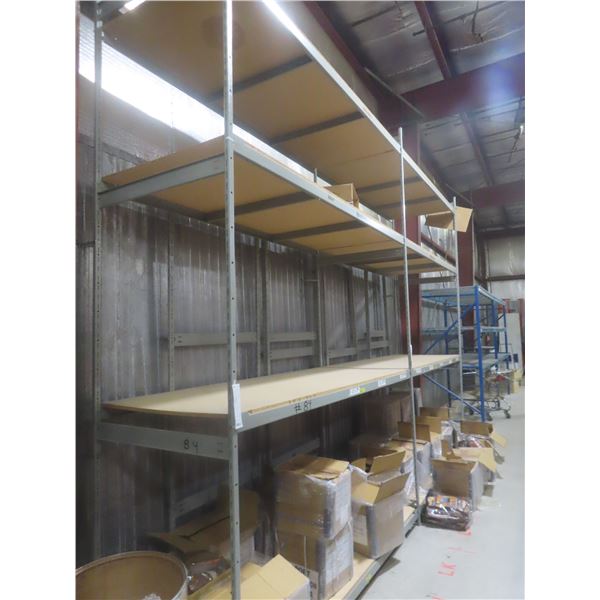 Metal Adjustable Shelving – 3 Uppers 12 ft, 16 Side Rails 8 ft, Wood Shelving – Qty 8.  No Product I