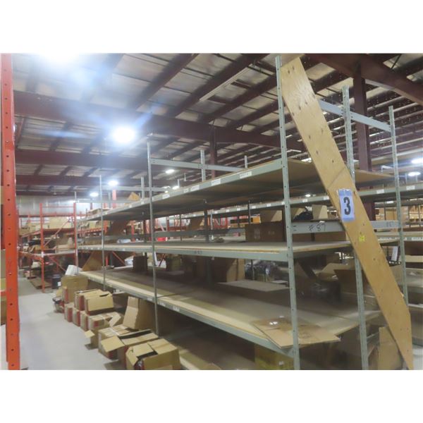 Metal Adjustable Shelving – 8 Uppers 10 ft, 40 Cross Beams 8 ft w/ Wood Boards 36 x 96.  No