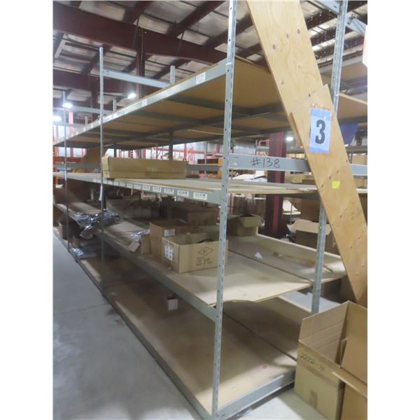 Adjustable Metal Shelving – 8 Uppers 10 ft, 48 Side Rails 8 ft, w/ Wood Shelf Boards 3 x 8 ft – Qty
