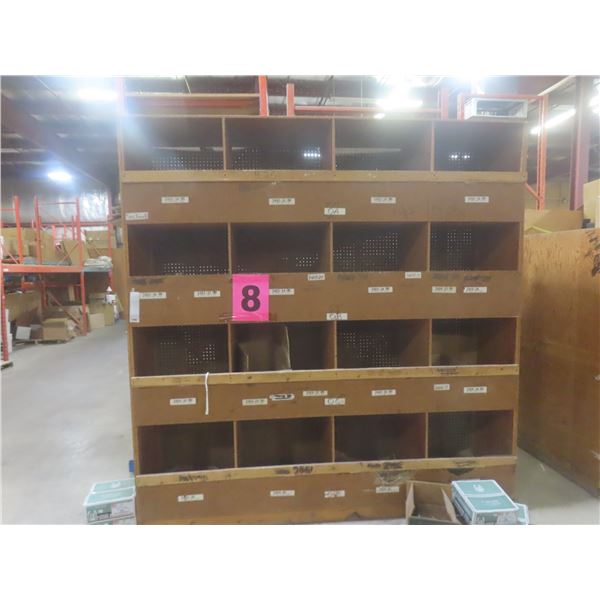 Wood 16-Hole Pigeon Hole Shelf Unit 8 ft H × 8 ft W × 24" Deep.  No Product Included.