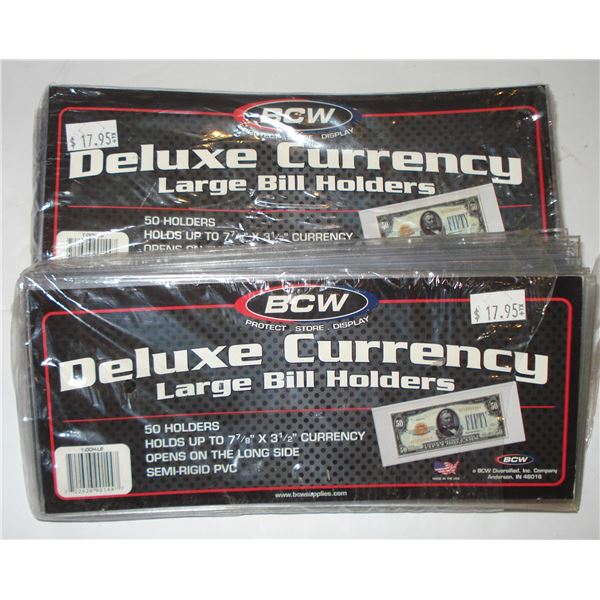BCW Deluxe Currency, Large Bill Holders, 2 New packages