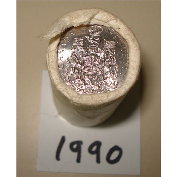 1990 Canada 50 cent White Wrap Roll 25 coins, New