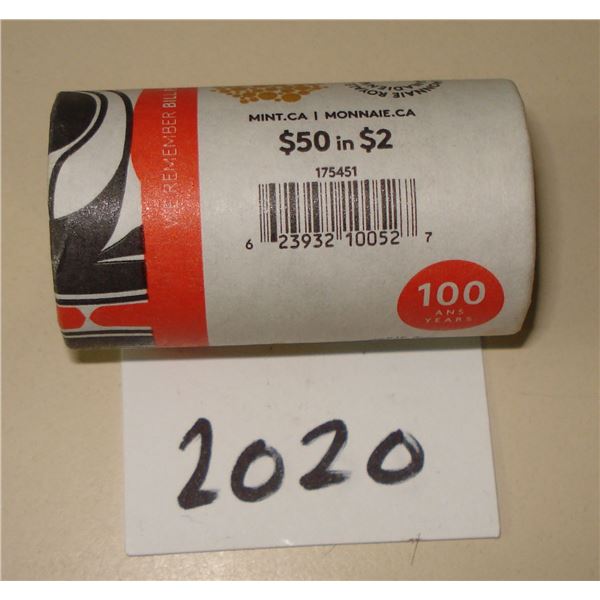 2020 Canada Color Haida $2 Special Wrap Roll , 25 coins New