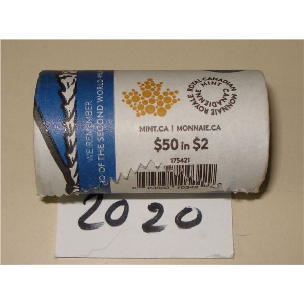 2020 Canada Color VE-Day $2 Special Wrap Roll , 25 coins New