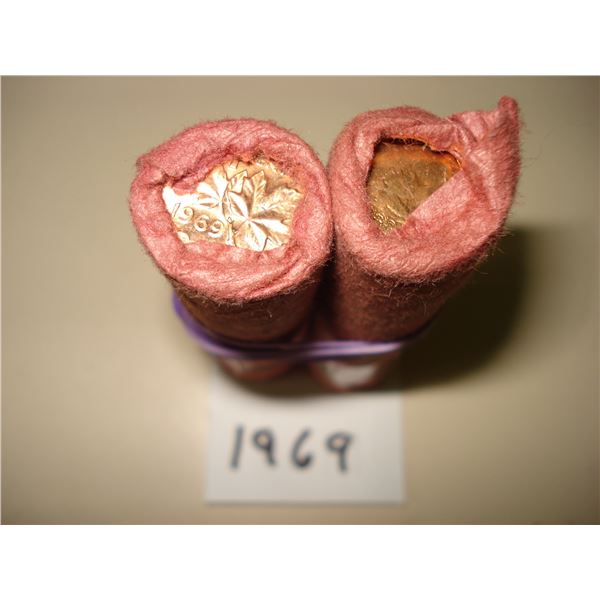 2 x 1969 Canada 1¢ Rolls, 100 Red BU Coins