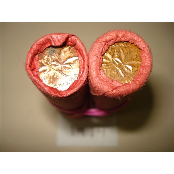 2 x 1974 Canada 1¢ Rolls, 100 Red BU Coins