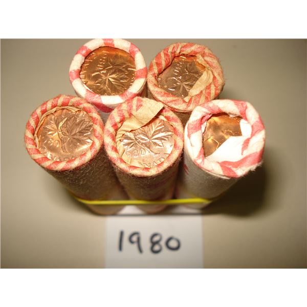 5 x 1980 Canada 1¢ Rolls, 250 Red BU Coins